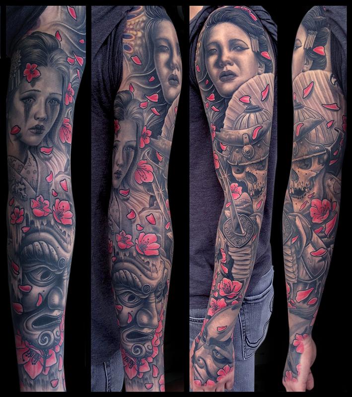 Mike DeVries Tattoos Black and Gray Geisha's, Samurai & Mask Sleeve